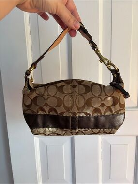 Coach Brown Signature Logo Canvas Wristlet with Dark Brown Leather Trim